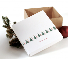 Quadratische Schachtel mit Deckel und Weihnachtsaufdruck
