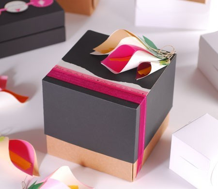 Cube-Shaped Gift Box with Ribbon and Paper Flowers