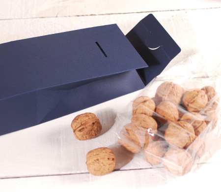 Decorated box for nuts with a window.