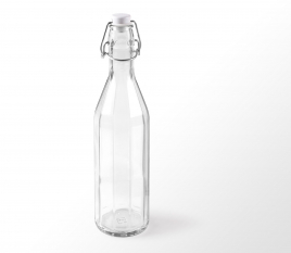 Glass bottle for water, with a lever-type top